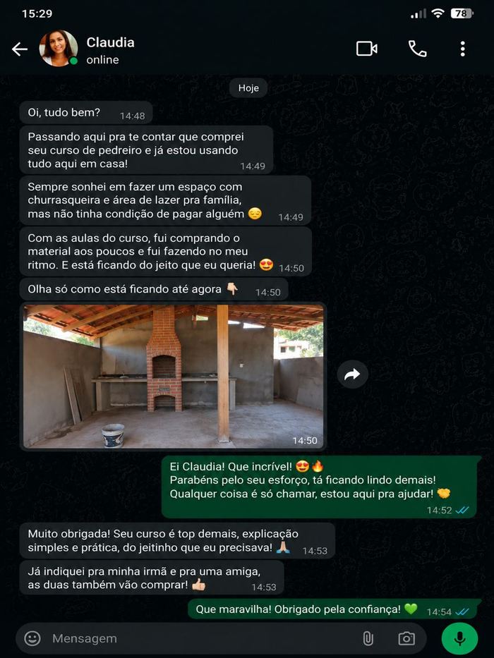 Depoimento de Claudia, aluna do curso, mostrando churrasqueira construída por ela