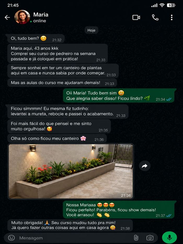 Depoimento de Maria, aluna do curso, mostrando canteiro de plantas feito por ela